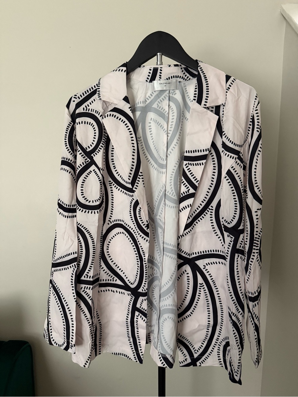 Cream and Black Patterned Women's Blazer and Wide Leg Pants Set